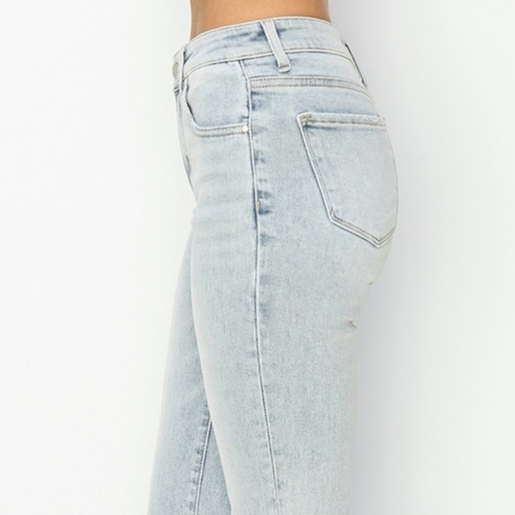 RISEN High-Rise Waist Skinny Fit Denim Pants Cropped Wide Flare Hem Blue Jeans - Picture 6 of 16